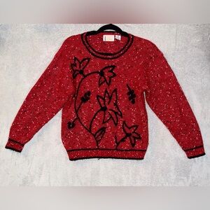 VTG Christmas Holiday TR BENTLEY‎ Sweater Medium Red Black 3D Flora Berries